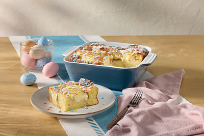 The new Heat n' Serve French Toast Bake includes thick-cut country bread soaked in vanilla custard, topped with cheesecake filling then baked 'til golden. Topped with powdered sugar and sprinkles. Available for a limited time.