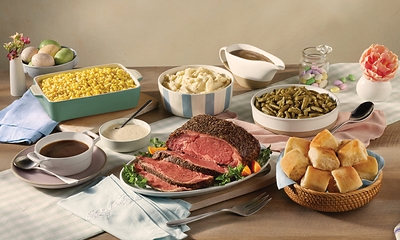 The Easter Heat n' Serve Prime Rib Family Dinner serves 4-6 and includes Prime Rib plus au jus and horseradish, Mashed Potatoes with Gravy, Sweet Yeast Rolls, and choice of two Country Sides. Available for a limited time.