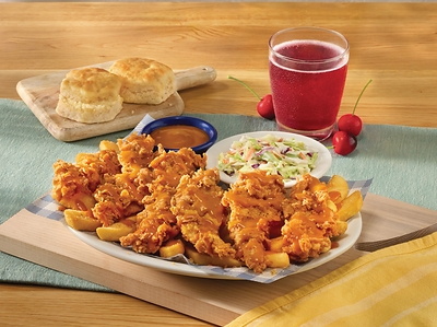 Fried Chicken Tenders drizzled with a signature sweet and tangy golden BBQ sauce, served with choice of two Country Sides, buttermilk biscuits or corn muffins. Available for a limited time.