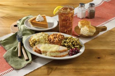 On Thanksgiving Day only, Cracker Barrel guests can dine-in and enjoy a traditional Thanksgiving Homestyle Turkey n’ Dressing Meal with Roasted Turkey Breast, Cornbread Dressing and Gravy, Country Green Beans, Sweet Potato Casserole with pecans and cranberry relish. Also served with Buttermilk Biscuits or Corn Muffins, a refillable beverage and a slice of Pumpkin Pie for dessert.