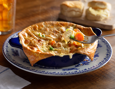 The Chicken Pot Pie, which features slow-simmered chicken, potatoes, peas, carrots, celery and onions in a creamy sauce topped with a signature flaky pastry crust, is now available every day in-store as well as for curbside, pickup or delivery at crackerbarrel.com.