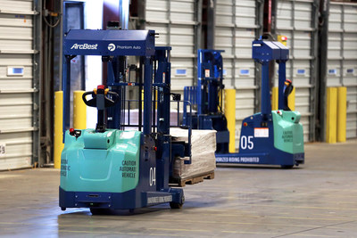 Remote-operated autonomous forklifts developed with Phantom Auto for use in ArcBest customer locations, pictured in the ArcBest R&D lab.