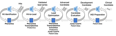 Visualization frames how additional datasets and capabilities compound cycles of discovery to potentially translate novel insights into clinical candidates