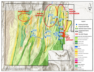 Figure 2. Map showing proposed additional drill pads and access roads in yellow, planned to be permitted under the current Notice of Intent to Explore. Existing pads and roads in blue. (CNW Group/Arizona Metals Corp.)