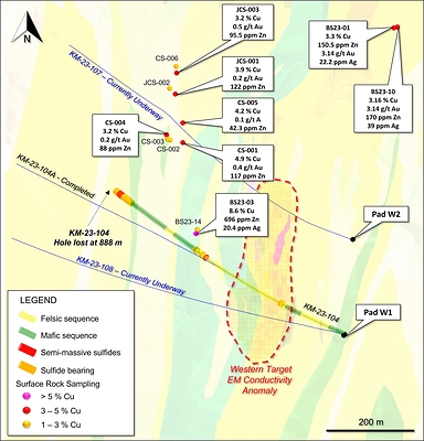 Figure 5. Plan view displaying drill holes completed and underway at the Western Target, as well as results of recent outcrop surface sampling north of the Western Target EM Conductivity Anomaly. See Table 5 below of sample assay details. (CNW Group/Arizona Metals Corp.)