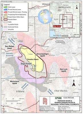 Figure 1. Project Area and Paradox Basin Regional Structural Element (Modified from Williams-Stroud, 1994). (CNW Group/Sage Potash Corp.)