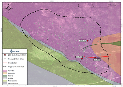 Figure 1: Baptiste Plan Map with 2025 Drillhole Collar Locations and proposed open pit (refer to Figure 2 for section A- Aˈ) (CNW Group/FPX Nickel Corp.)