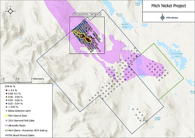 Figure 1:  Mich Property and Surface Sampling Results (CNW Group/FPX Nickel Corp.)