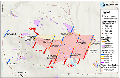 Figure 2: Van Target Plan Map with Drillhole Collar Locations, Outcrop Samples and Mineralized Footprint (CNW Group/FPX Nickel Corp.)
