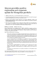 Press release "Kincora provides positive exploration & corporate update for Mongolian portfolio" with associated more detailed presentation (included) (CNW Group/Kincora Copper Limited)