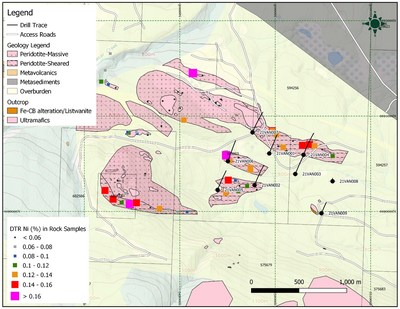 Figure 2: Van Target Plan Map with Drillhole Collar Locations and Previously Reported Outcrop Samples with DTR Nickel Grades (CNW Group/FPX Nickel Corp.)