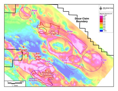 Figure 1: Decar Nickel District with airborne magnetic survey results showing the location of the Baptiste Deposit, Van target and additional exploration areas (CNW Group/FPX Nickel Corp.)
