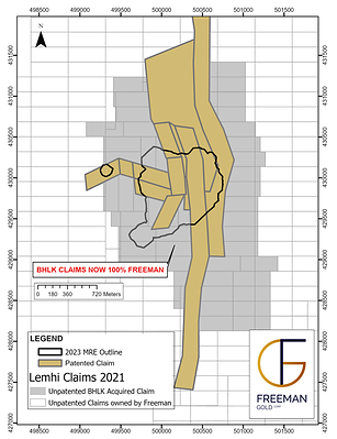 Figure 1: Map showing the newly acquired BHLK claims, existing unpatented claims, patented claims, and area encompassed by 2023 Mineral Resource Estimate. (CNW Group/Freeman Gold Corp.)