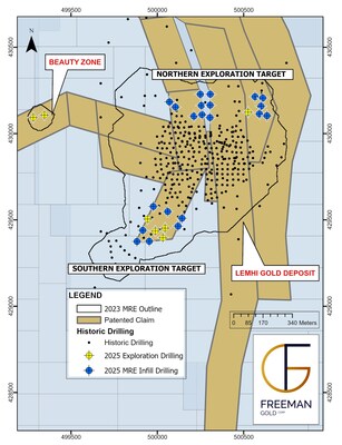 Figure 1: Map of Lemhi showing infill and exploration holes of the 2025 drill program. Note that the majority of the 2023 MRE and Beauty Zone lie within patented claims. (CNW Group/Freeman Gold Corp.)