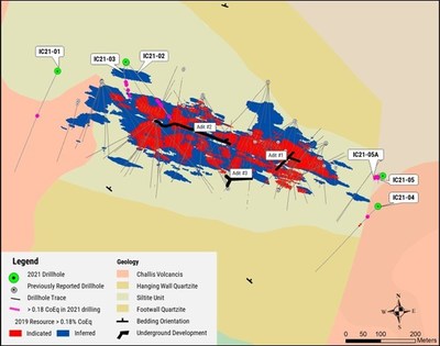 Figure 2. Plan map showing drillholes reported in this press release relative to historic drilling and resource boundary. (CNW Group/Electra Battery Materials Corporation)