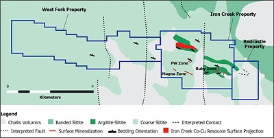 Figure 1. Bedrock geology map outlining the First Cobalt property limit and drilled projection of cobalt-copper resources. (CNW Group/First Cobalt Corp.)