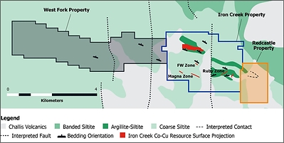Figure 1. Bedrock geology map showing Iron Creek project, recently acquired West Fork property, and newly acquired Redcastle property (CNW Group/First Cobalt Corp.)