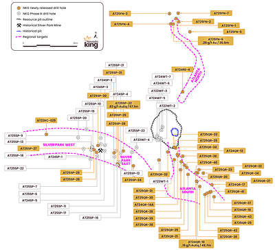 Figure 5. Simplified view of Atlanta Gold Mine Project area with locations of Atlanta North, Atlanta South, and Siver Park exploration targets with newly released Phase III drilling (CNW Group/Nevada King Gold Corp.)