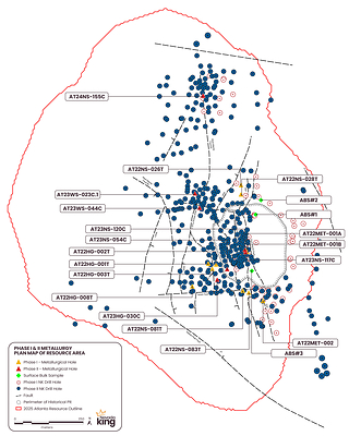 Figure 2. Location of large diameter core holes and bulk samples used in Phase 1 and 2 metallurgical testing (CNW Group/Nevada King Gold Corp.)