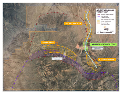 Figure 2. Plan view of Atlanta Gold Mine Project area with locations of the Silver Park, Atlanta South, and Atlanta North exploration targets in relation to the property boundary. Gold mineralization found to date is confined to the Atlanta Caldera, while the Ryan Springs Caldera is younger and obscures the southern portion of the Atlanta Caldera. (CNW Group/Nevada King Gold Corp.)