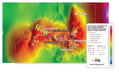 Figure 9. Plan view: Atlanta district - Bouguer gravity plot in relation to Phase III targets, soil sample values & location of SPL. Warm colors=high-gravity signatures from lithologies (eg Paleozoic basement rocks). Cooler colors=low-gravity lithologies (eg Tertiary volcanics & alluvium-filled valleys). SPL sits atop major high gravity corridor comprised of Paleozoic carbonates rocks & is bracketed to the north & south by volcanic moat sequences associated with Atlanta & Ryan Springs Calderas. (CNW Group/Nevada King Gold Corp.)