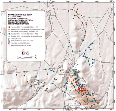 Figure 1. Red markers indicate permitted drill pad locations while red lines show permitted road cuts included within the Plan of Operations Modification approved by the BLM in January 2025. (CNW Group/Nevada King Gold Corp.)
