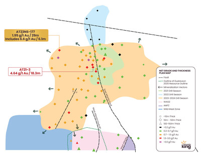 Table 1. Highlight holes released today. Mineralization occurs along near-horizontal horizons with true mineralized thickness in vertical holes estimated to be 85% to 95% of reported drill intercept length. *Denotes holes bottoming in mineralization. (CNW Group/Nevada King Gold Corp.)