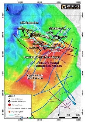 Figure 1 Location Map – Drill Hole SMS25-10A Location in the Current Parallel Breccia Drilling Program and Intrusive Related Chargeability Anomaly (CNW Group/GR Silver Mining Ltd.)