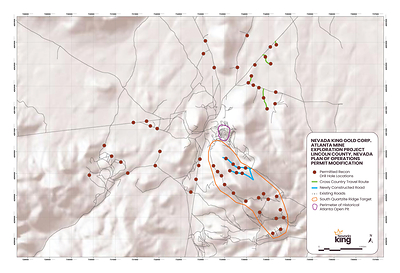 Figure 1. Regional Atlanta map showing proposed drill hole locations for the Phase III program, as well as the newly constructed roads along the South Quartzite Ridge Road. (CNW Group/Nevada King Gold Corp.)