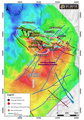 Figure 1 Location Map – Drill Hole SMS25-09 Location in the Current Step-Out Drilling Program and Intrusive Related Chargeability Anomaly (CNW Group/GR Silver Mining Ltd.)