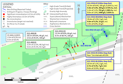 Exhibit 2. Plan Map of New Holes from 2024 Program vs. Local Geology at Ballywire (CNW Group/Group Eleven Resources Corp.)