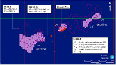 Exhibit 2. Plan View of New Gravity Contours and Density-High Anomalies at Ballywire Discovery (CNW Group/Group Eleven Resources Corp.)