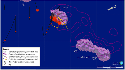 Exhibit 4. Oblique View of New ‘C2’ and ‘C3’ Density-High Anomalies at Ballywire Discovery (CNW Group/Group Eleven Resources Corp.)