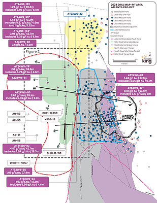 Figure 3. Plan view map of the WWZ, WAGZ, and NET. Holes that did not go deep enough to define mineralization are taken off plot for clarity, as are the dump holes. Vector arrows denote directions in which the WWZ remains open. (CNW Group/Nevada King Gold Corp.)