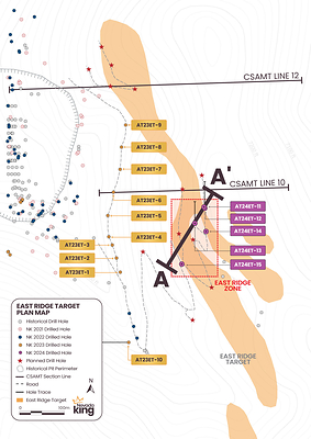 Figure 1. Plan view of ERZ showing locations of reported reconnaissance drill holes. The composited low resistivity CSAMT anomaly highlighted in orange trends NNW for about 1,000m and corresponds with intrusive dikes and associated decalcification in the surrounding dolomite that provided the plumbing system for gold mineralization. The trend of the anomaly is very similar to that of the main pit resource zone. (CNW Group/Nevada King Gold Corp.)