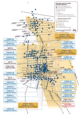 Figure 1. Location map for holes reported in this news release along updated drill Section 23-7N(4) relative to the perimeter of the historical Atlanta Pit and footprint of the Gustavson 2020 NI 43-101 resource. Shallow drillholes on the mine dumps have been removed from the plot for clarity. (CNW Group/Nevada King Gold Corp.)