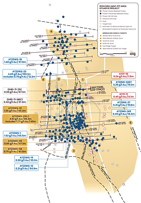 Figure 2. Location map for holes reported in this news release along drill Section22-17N(2) relative to the perimeter of historical Atlanta Pit and footprint of the Gustavson 2020 NI 43-101 resource. Shallow drillholes on the mine dumps have been removed from the plot for clarity. (CNW Group/Nevada King Gold Corp.)