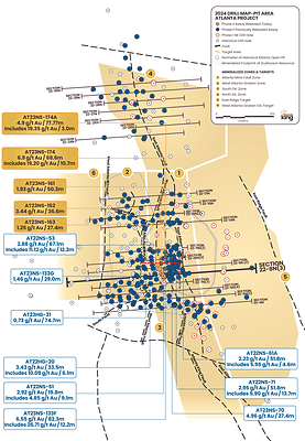 Figure 1. Location map for holes reported in this news release along drill section22-8N(2)  relative to the perimeter of the historical Atlanta Pit and footprint of the Gustavson 2020 NI 43-101 resource. Shallow drillholes on the mine dumps have been removed from the plot for clarity. (CNW Group/Nevada King Gold Corp.)