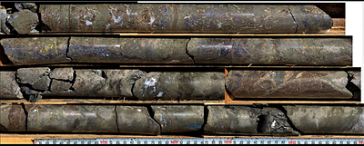 Exhibit 6. Photograph of G11-468-03 from 256.45m to 258.50m (2.05m) grading 40.8% Zn+Pb (30.5% Zn and 10.3% Pb) and 384.7 g/t Ag, Ballywire Prospect, Ireland (CNW Group/Group Eleven Resources Corp.)