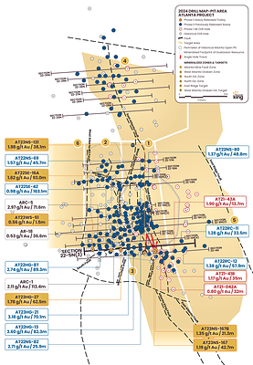 Figure 1.  Location map for holes reported in this news release along updated drill Section 22-5N(3) relative to the perimeter of the historical Atlanta Pit and footprint of the Gustavson 2020 NI 43-101 resource. Shallow drillholes on the mine dumps have been removed from the plot for clarity. (CNW Group/Nevada King Gold Corp.)