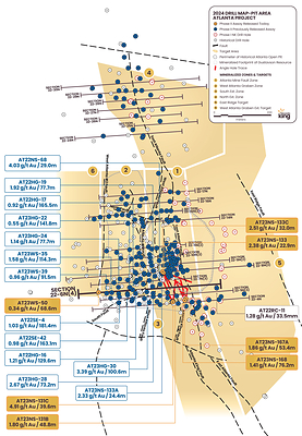 Figure 1. Location map for holes reported in this news release along updated drill Section 22-6N(4) relative to the perimeter of the historical Atlanta Pit and footprint of the Gustavson 2020 NI 43-101 resource. Shallow drillholes on the mine dumps have been removed from the plot for clarity. (CNW Group/Nevada King Gold Corp.)