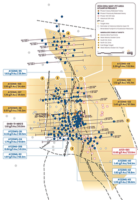 Figure 1. Location map for holes reported in this news release along updated drill Section 23-11N(2) relative to the perimeter of the historical Atlanta Pit and footprint of the Gustavson 2020 NI 43-101 resource. Shallow drillholes on the mine dumps have been removed from the plot for clarity. (CNW Group/Nevada King Gold Corp.)