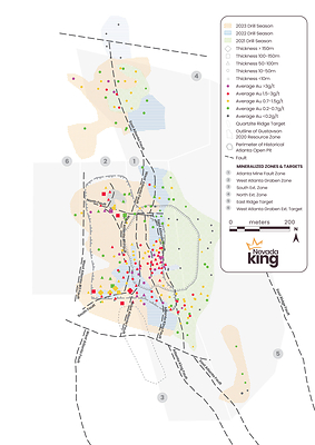 Figure 1. Areal distribution of holes reported to date by Nevada King within and around the 2020 Gustavson resource zone showing progression of drilling by year. Holes are color and shape coded to illustrate gold grade and thickness of drill intercepts. (CNW Group/Nevada King Gold Corp.)