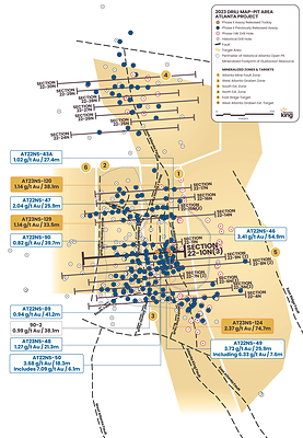Figure 1. Location map for holes reported in this news release along drill Section 22-10N(3) relative to the perimeter of the historical Atlanta Pit and footprint of the Gustavson 2020 NI 43-101 resource. Shallow drillholes on the mine dumps have been removed from the plot for clarity. (CNW Group/Nevada King Gold Corp.)