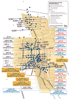 Figure 1. Location map for holes reported in this news release along drill Section 22-4N relative to the perimeter of the historical Atlanta Pit and footprint of the Gustavson 2020 NI 43-101 resource. Shallow drillholes on the mine dumps have been removed from the plot for clarity. (CNW Group/Nevada King Gold Corp.)