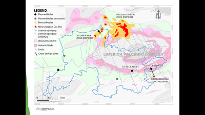 Exhibit 2. Planned Drill Holes at Stonepark Project (76.56% interest), Ireland. Note: Pallas Green Deposit – as per Blaney & Redmond (2015), see footnote 2 above; Stonepark Deposit – see footnote 1 above (CNW Group/Group Eleven Resources Corp.)