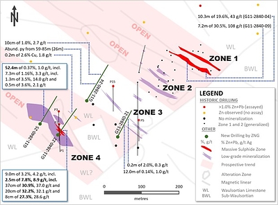 Exhibit 3. Plan Drill Hole Map Showing Recent Drilling at Zones 3 and 4, Carrickittle, PG West Project (CNW Group/Group Eleven Resources Corp.)