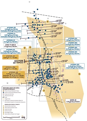 Figure 2. Location map for holes reported in this news release along drill Section22-15N(2) relative to the perimeter of the historical Atlanta Pit and footprint of the Gustavson 2020 NI 43-101 resource. Shallow drillholes on the mine dumps have been removed from the plot for clarity. (CNW Group/Nevada King Gold Corp.)
