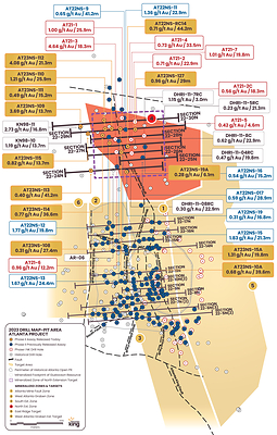 Figure 1. Location map for holes reported in this news release along drill sections22-24N, 25N, 26N, 27N, 28N, 29N and 30N relative to the perimeter of the historical Atlanta Pit and footprint of the Gustavson 2020 NI 43-101 resource. Shallow drillholes on the mine dumps have been removed from the plot for clarity. (CNW Group/Nevada King Gold Corp.)