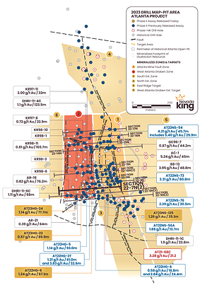 Figure 1. Location map for holes reported in this news release along updated drill section22-7N(2) relative to the perimeter of the historical Atlanta Pit and footprint of the Gustavson 2020 NI 43-101 resource. Shallow drillholes on the mine dumps have been removed from the plot for clarity. (CNW Group/Nevada King Gold Corp.)